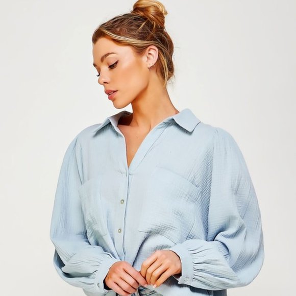 Tops Blue Textured Gauze Button Down Blouse Top Poshmark